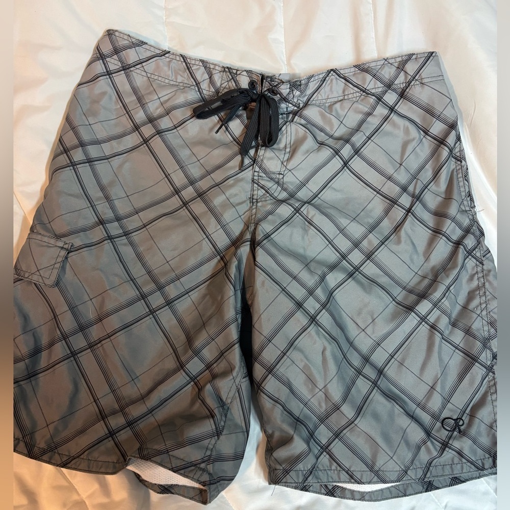 OP Men's Black and Gray Plaid Board swim trucks shorts size XL